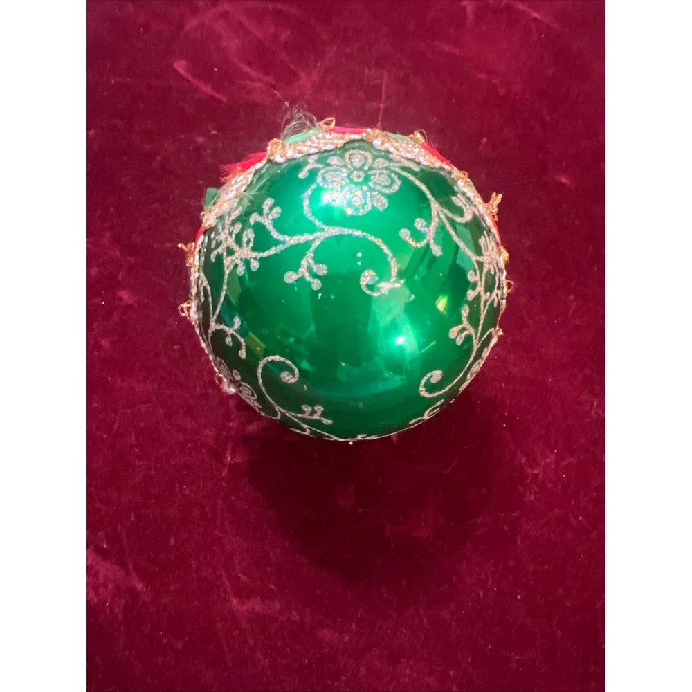 Vintage Green‎ Glass Christmas Ornament Silver Glitter Floral Braided Trim Band